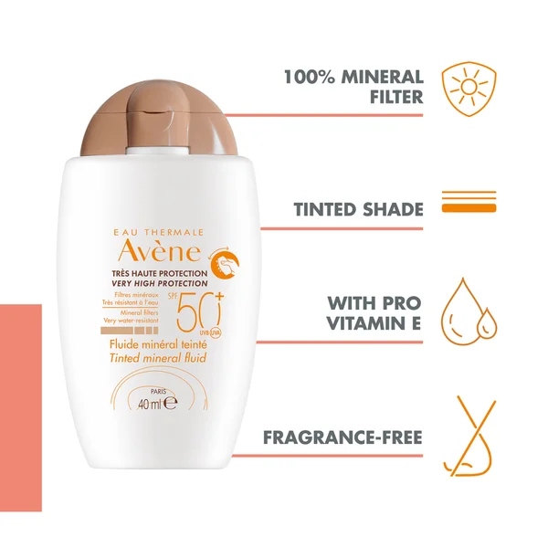 Avène Very High Protection Tinted Mineral Fluid SPF50+ Sun Cream For Intolerant Skin 40ml