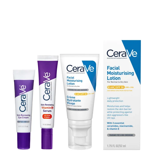 CeraVe Daily Care Routine for First Signs of Ageing Eye Cream Vitamin C Serum and Moisturiser with SPF50