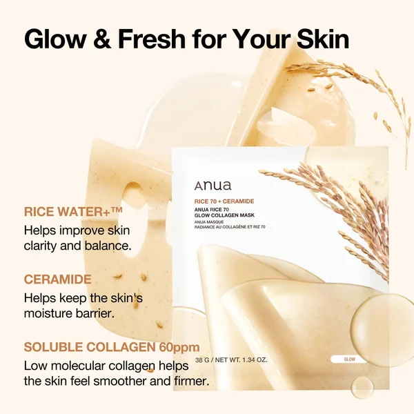 Anua Rice 70 Glow Collagen Mask (4 Sheets) 38g