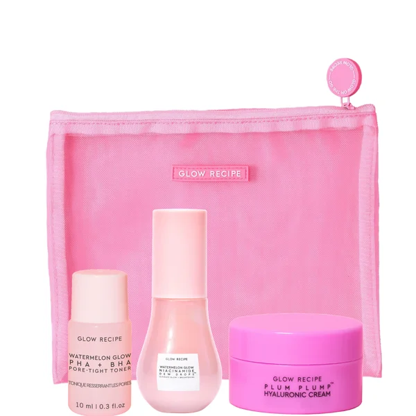 Glow Recipe Bestsellers Travel Trio: Watermelon Toner Dew Drops and Plum Cream in Pink Mesh Pouch