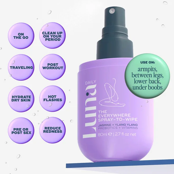 Luna Daily The Everywhere Spray-To-Wipe - PH-balancing Body Cleansing Spray With Prebiotics Jasmine & Ylang Ylang 80ml