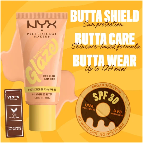 NYX Professional Makeup Buttermelt Glaze Soft Glow Skin Tint + SPF/FPS 30 Foundation (Various Shades)